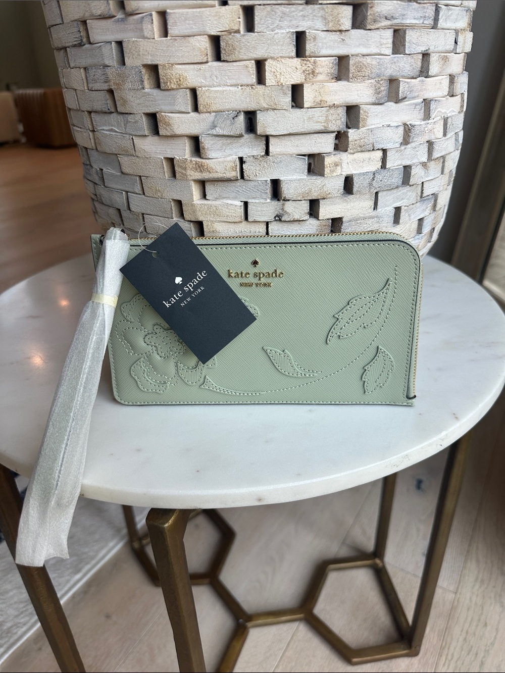 kate spade Sage Green Floral Zip Wallet with Gold Logo